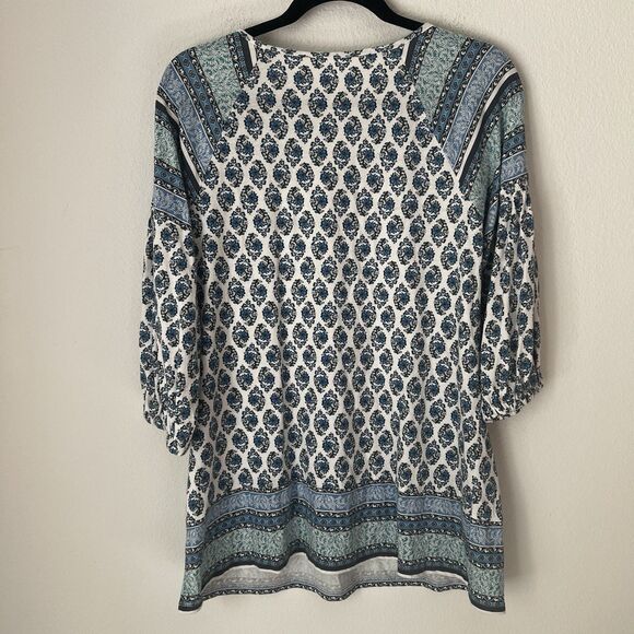 J Jill Pure Jill Split Neck Border Printed Tunic Top XS Blue Modal Boho Artsy - Picture 6 of 8